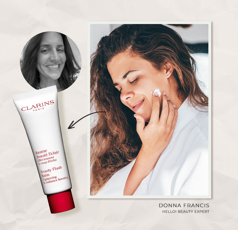collage of woman and clarins face cream