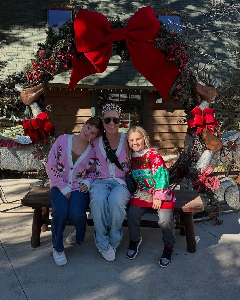 Pink poses with her children Willow and Jameson at Santa's Village in a photo shared on Instagram