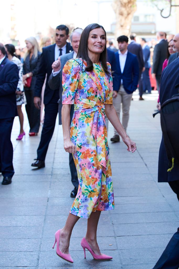 Queen Letizia wearing a bold 80s floral dress for an engagement in Cordoba