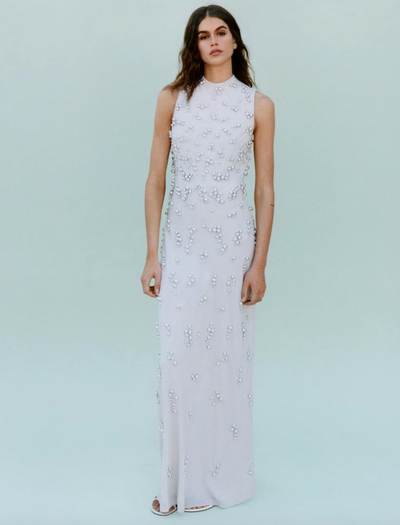 Kaia Gerber dazzles in a bridal Mango dress and she makes it look like it belongs on a catwalk