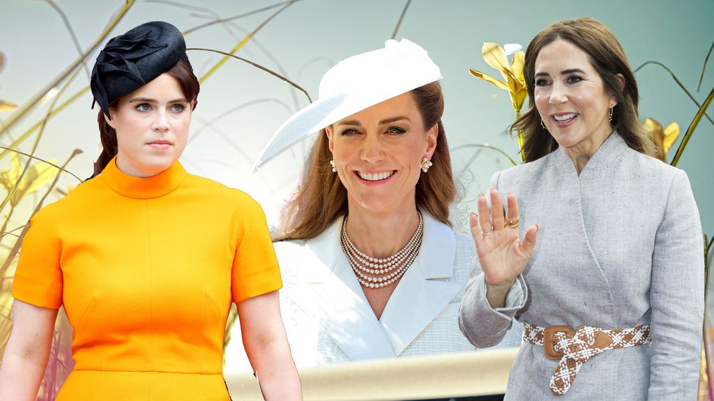 Princess Kate, princess eugenie and queen mary with floral backdrop