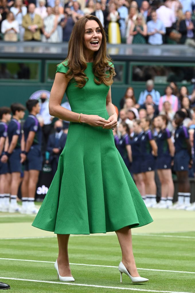 Kate Middleton, the Princess of Wales attends day 12 of the Wimbledon Tennis Championships at the All England Lawn Tennis and Croquet Club on July 10, 2021 in London, England. 