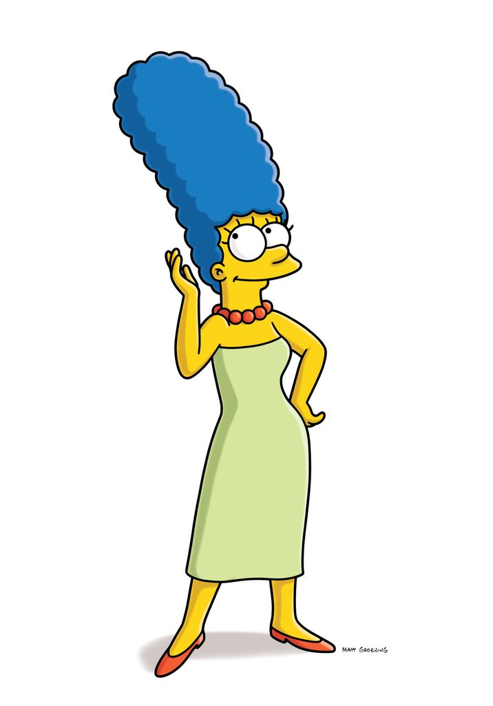 cartoon of woman in green dress and big blue hair (marge simpson)