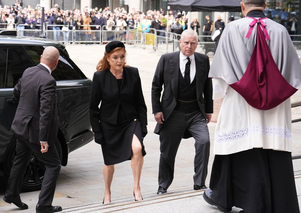 Sarah, Duchess of York and Prince Andrew, Duke of York arrive for the Requiem Mass service for Katharine, Duchess of Kent at Westminster Cathedral