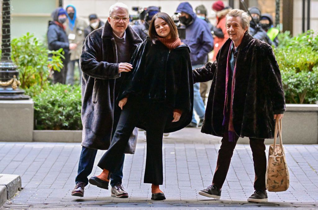 Selena, Martin and Steve filming Only Murders in the Building in New York