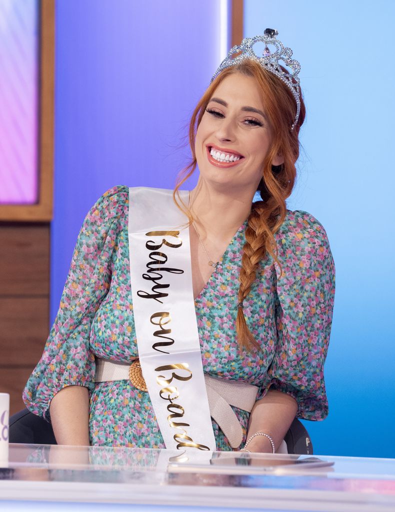 Stacey Solomon wears a sash and tiara during a segement of Loose Women where they celebrated her baby shower