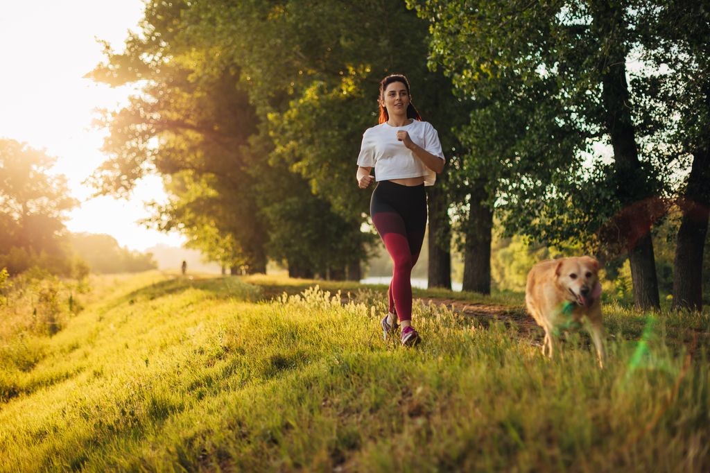 Female athlete jogging in the nature during sunset, while her cute female purebred dog, a golden retriever makes her a company