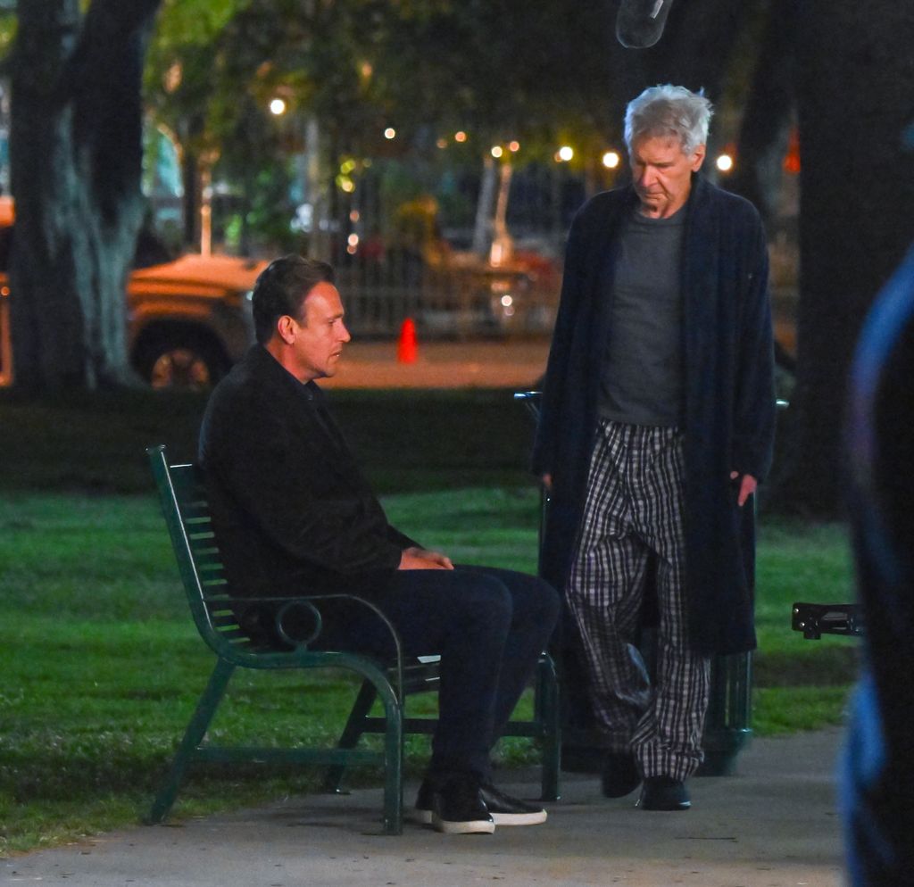 Jason Segel and Harrison Ford are seen on the set of 'Shrinking' on June 6, 2024 in Pasadena, California. (Photo by MEGA/GC Images)