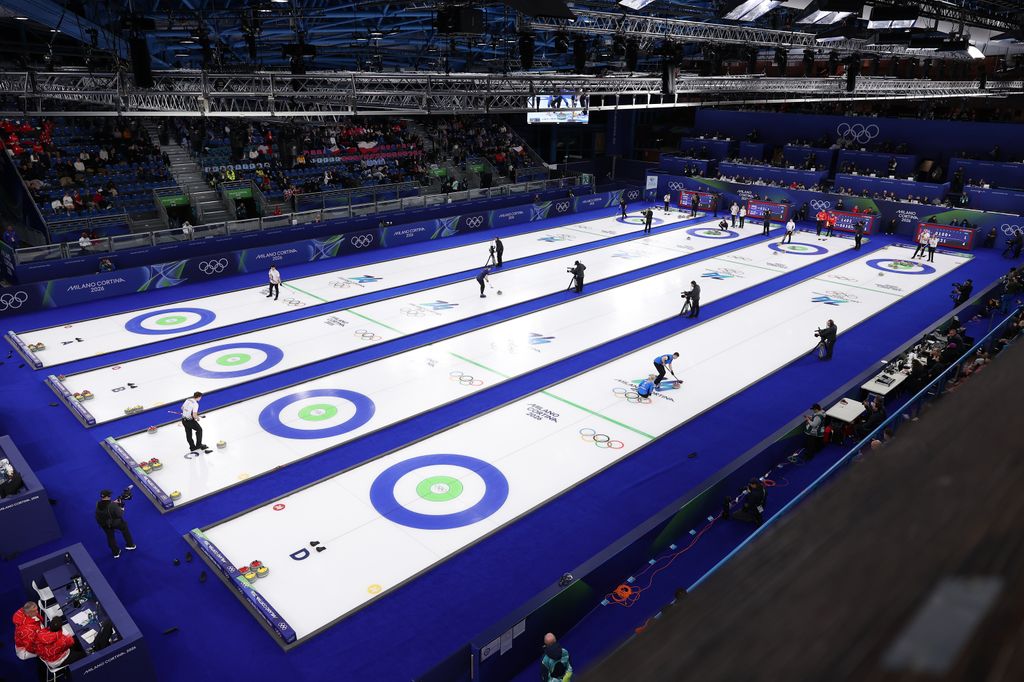 A general view of Cortina Curling Olympic Stadium during Mixed Doubles round robin play on day minus two of the Milano Cortina 2026 Winter Olympic games on February 04, 2026 in Cortina d'Ampezzo, Italy