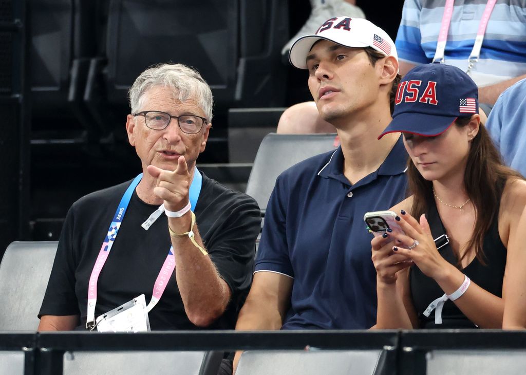 Bill Gates (L) is seen during the Artistic Gymnastics Women's Team Final on day four of the Olympic Games Paris 2024 at Bercy Arena on July 30, 2024 in Paris, France