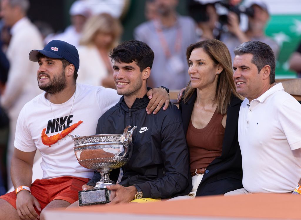 Brother, Alvaro Alcaraz Garfia, Carlos Alcaraz of Spain, Mother, Virginia Garfia Escandon and Father, Carlos Alcaraz Snr., pose for a photo after his victory against Alexander Zverev of Germany during the Men's Singles Final match on Day 15 of the 2024 French Open at Roland Garros on June 09, 2024 in Paris, France