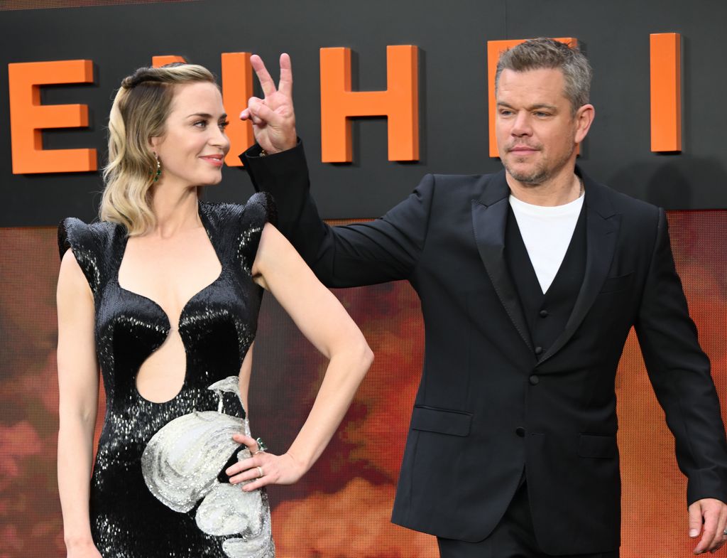 Emily Blunt and Matt Damon attend the "Oppenheimer" UK Premiere at Odeon Luxe Leicester Square on July 13, 2023 in London, England