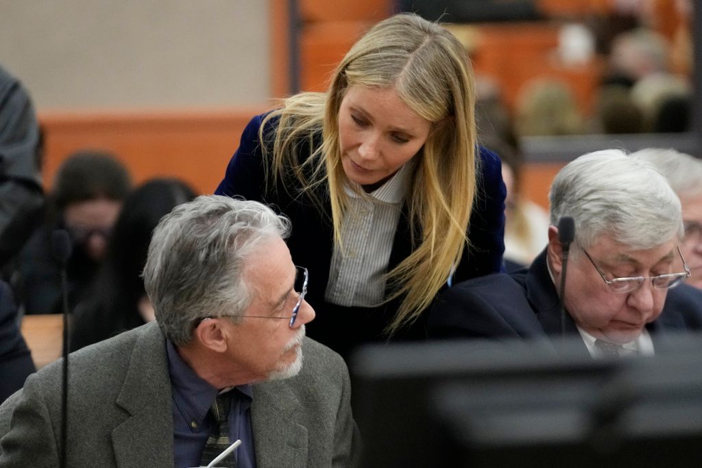 Gwyneth Paltrow speaks with retired optometrist Terry Sanderson after the verdict was read 