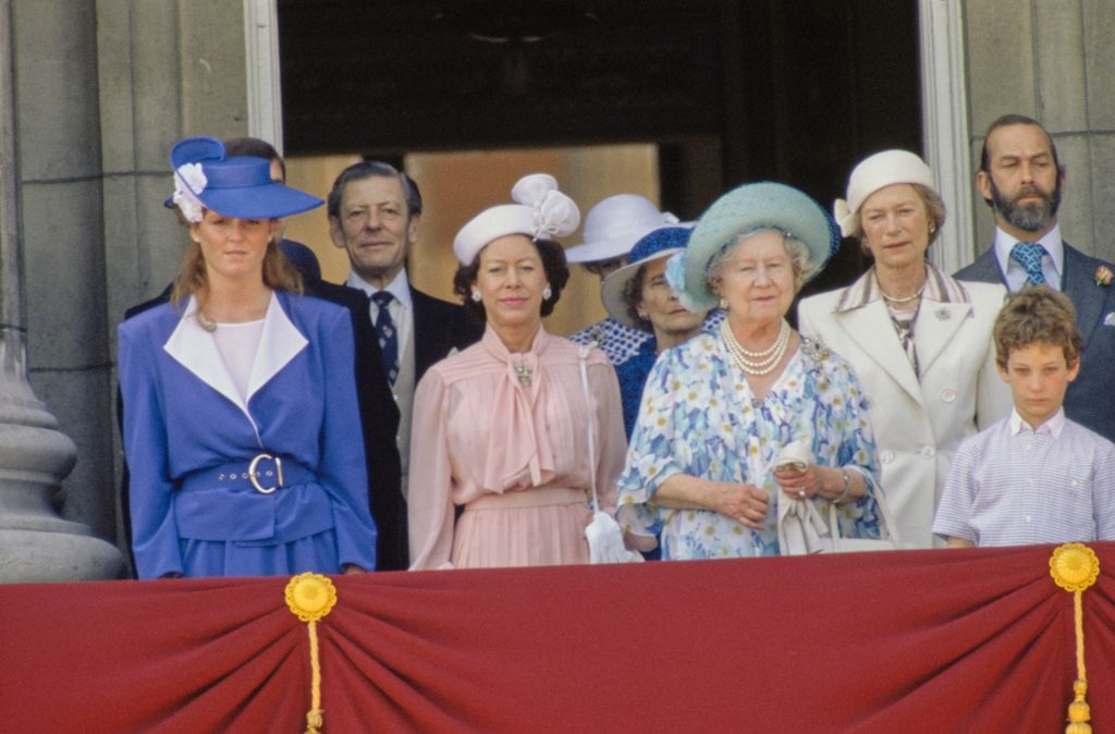 Sarah Ferguson standing on the Buckingham Palace balcony with Princess Margaret and the Queen Mother