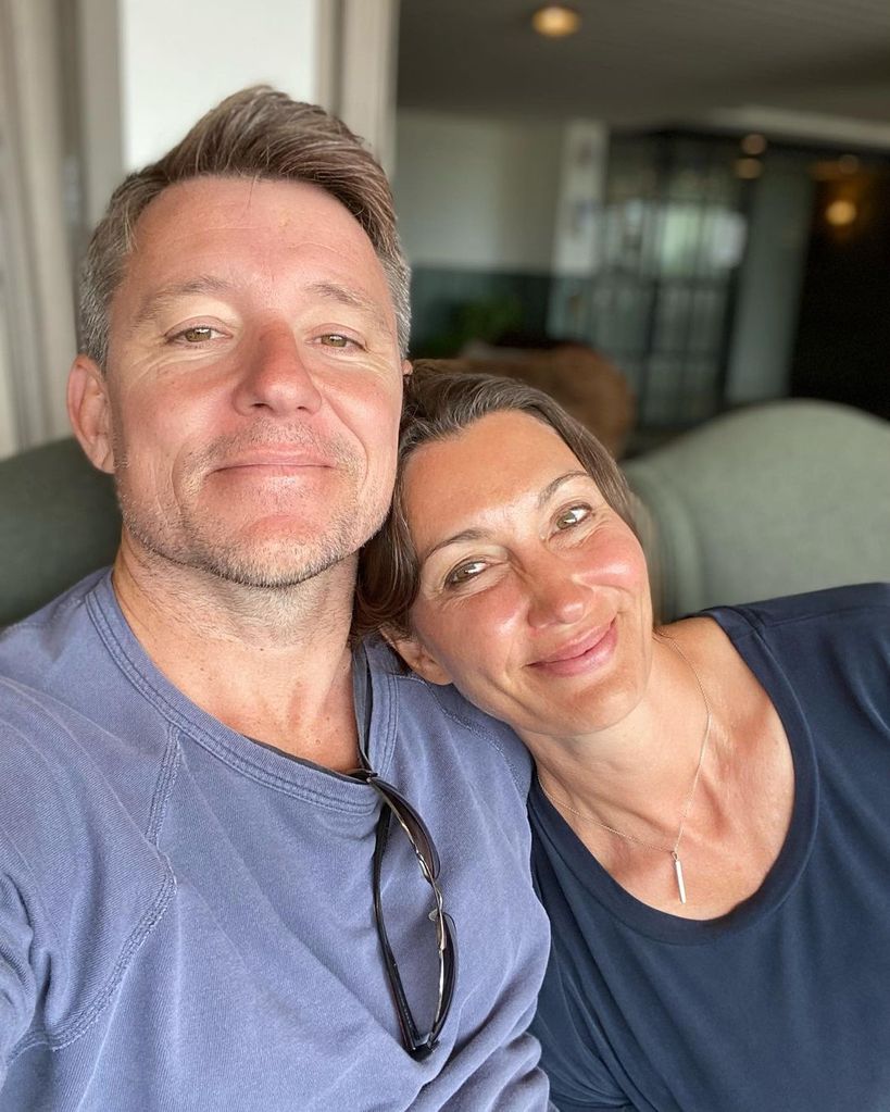 Ben shephard in blue tshirt posing with wife annie