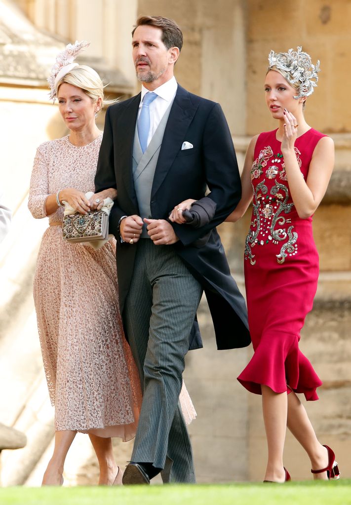 Crown Princess Marie-Chantal of Greece, Crown Prince Pavlos of Greece and Princess Maria-Olympia of Greece attend the wedding of Princess Eugenie of York and Jack Brooksbank at St George's Chapel on October 12, 2018 in Windsor, England. (Photo by Max Mumby/Indigo/Getty Images)