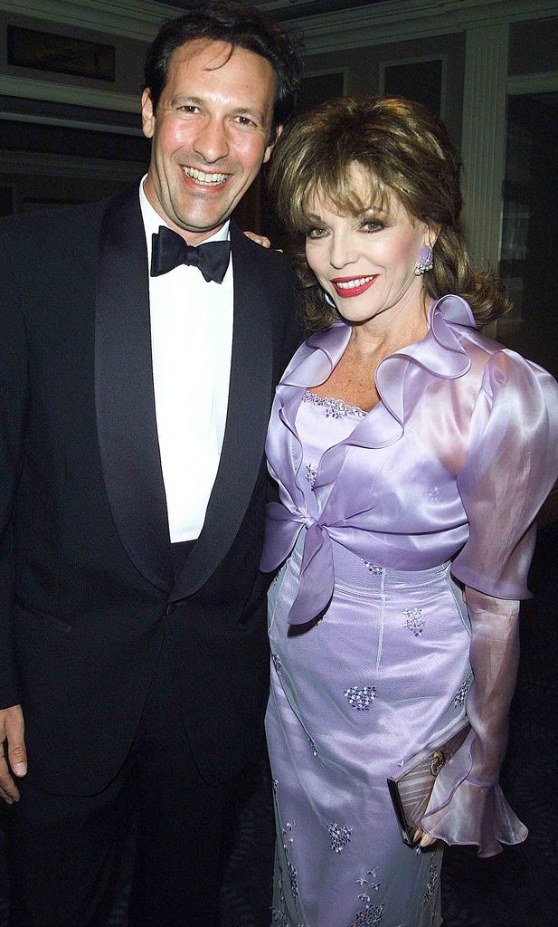 Joan Collins in a purple dress and red lipstick with her husband Percy Gibson 