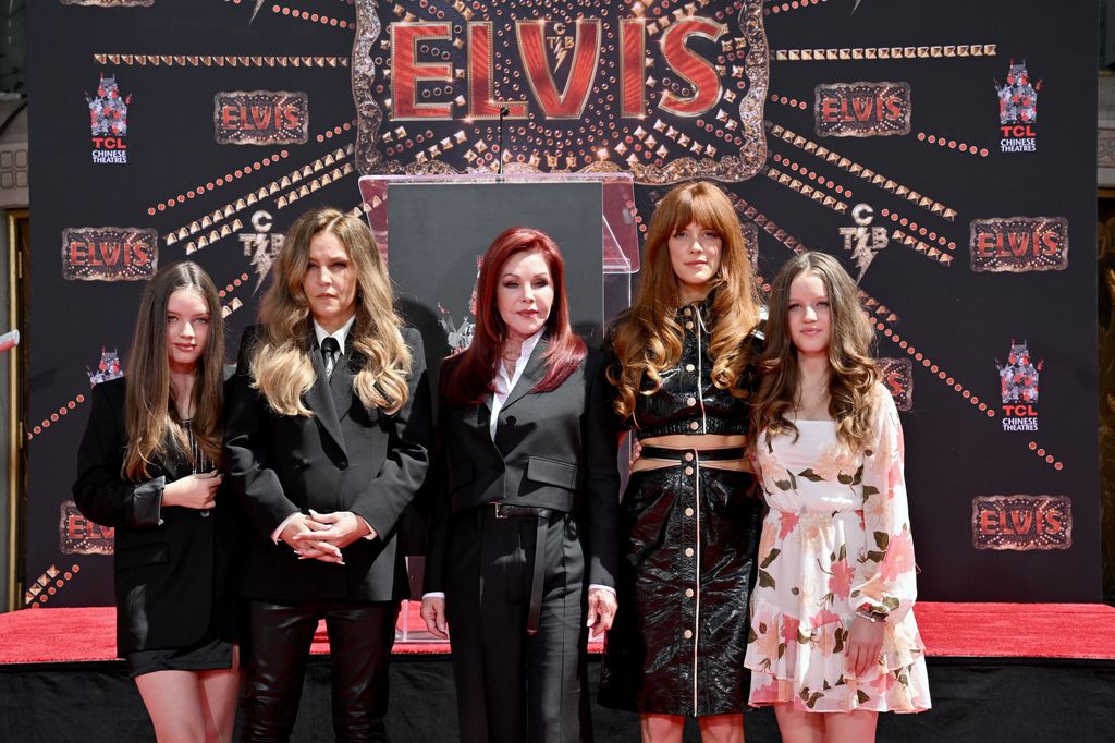 Harper Vivian Ann Lockwood, Lisa Marie Presley, Priscilla Presley, Riley Keough and Finley Aaron Love Lockwood attend the Handprint Ceremony Honoring Three Generations of Presley at TCL Chinese Theater on June 21, 2022 in Hollywood, California.