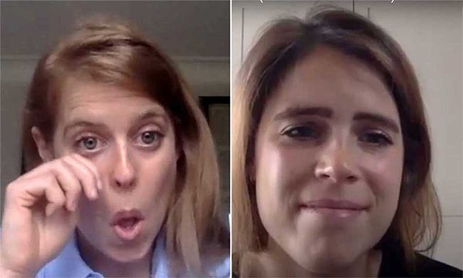 Princess Beatrice and Princess Eugenie crying on Zoom call
