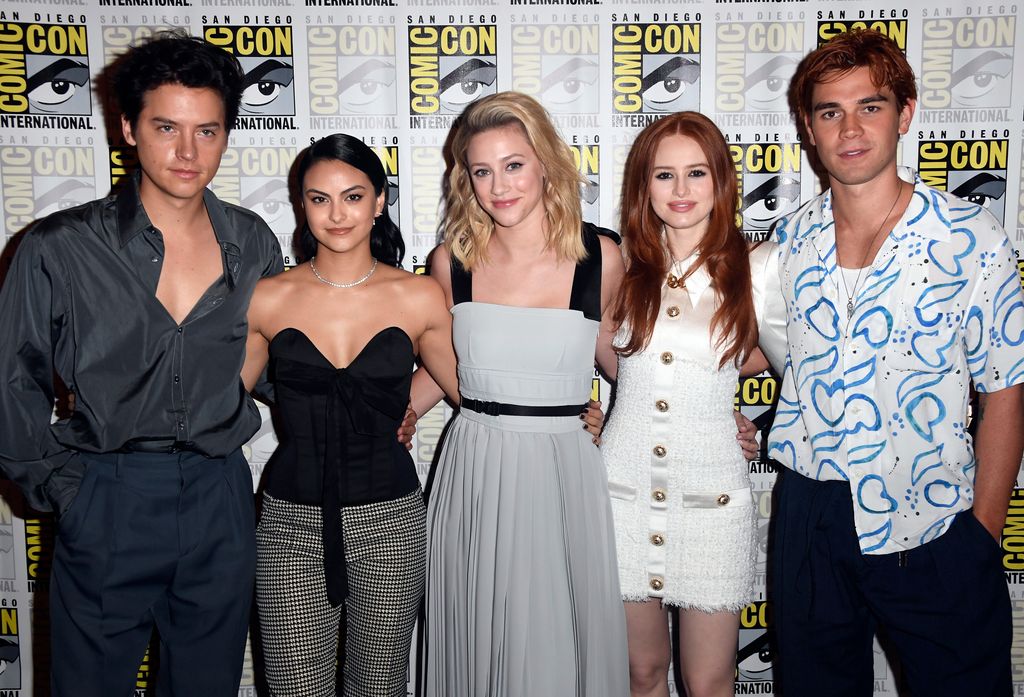 Cole Sprouse, Camila Mendes, Lili Reinhart, Madelaine Petsch, and K.J. Apa attend the "Riverdale" Photo Call during 2019 Comic-Con International at Hilton Bayfront on July 21, 2019 in San Diego, California