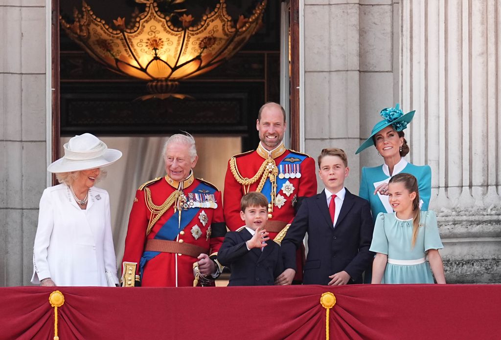 Queen Camilla, King Charles III, Prince Louis, the Prince of Wales, Prince George, the Princess of Wales and Princess Charlotte on the balcony of Buckingham Palace