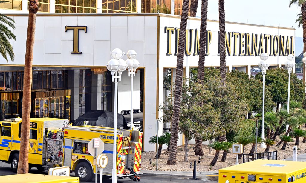 A Cybertruck covered with a tarp is seen parked in the valet area at the Trump International Hotel on January 1, 2025, in Las Vegas, Nevada. 