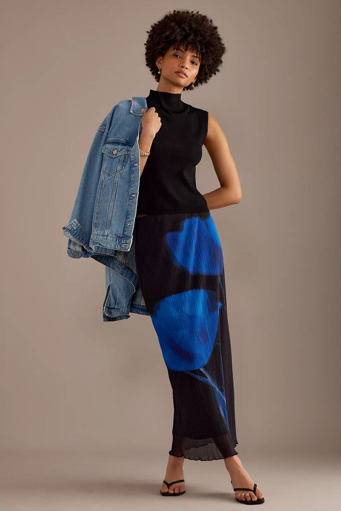 Blue Tulip Print Maxi Slip Skirt