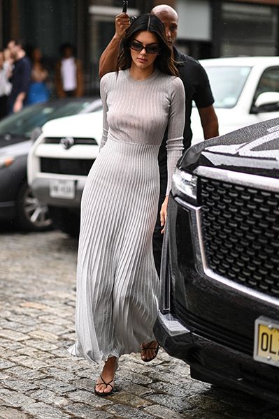 Kendall Jenner looks stunning in a grey dress while out shopping