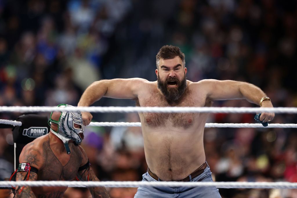 Jason Kelce reacts following a match during Night One of WrestleMania 40 at Lincoln Financial Field on April 06, 2024 in Philadelphia, Pennsylvania