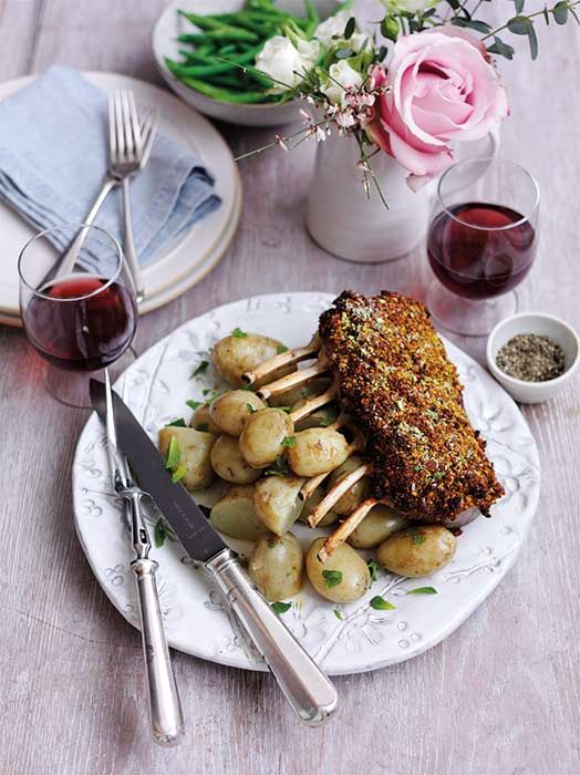 perian crusted rack of lamb with minted jersey royals