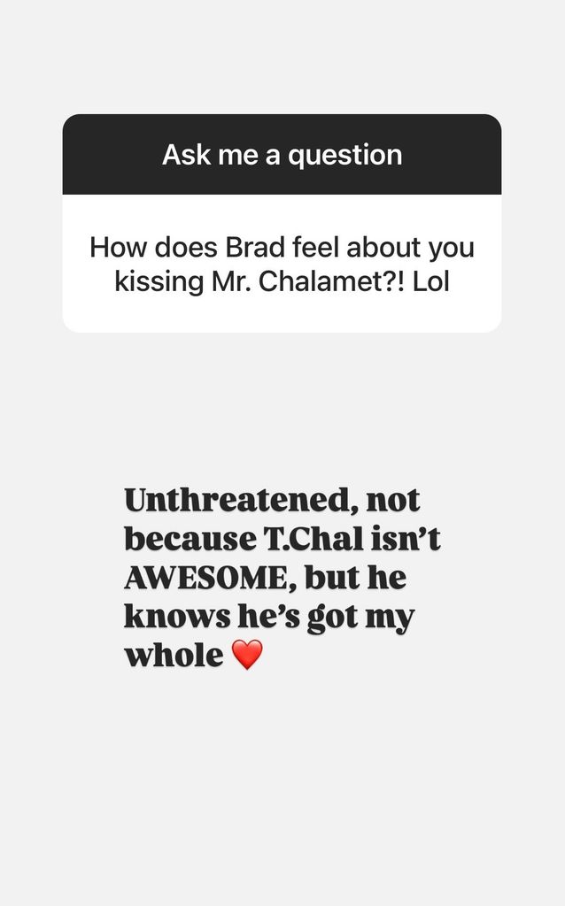 Instagram Story from Gwyneth Paltrow answering a question about her husband Brad Falchuk's reaction to her kissing Timothée Chalamet for the movie Mary Supreme