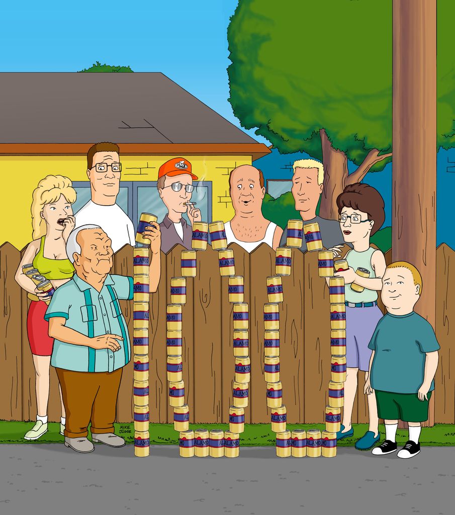 Film pm6mk3 toujours / publicité encore de "Roi de la colline" 100e épisode Luanne Platter, Cotton Hill, Hank Hill, Dale Gribble, Bill Duterive, Boomhauer, Peggy Hill, Bobby Hill 1 avril 2001