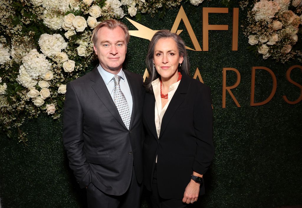 LOS ANGELES, CALIFORNIA - JANUARY 12: (L-R) Christopher Nolan and Emma Thomas attend the AFI Awards at Four Seasons Hotel Los Angeles at Beverly Hills on January 12, 2024 in Los Angeles, California. (Photo by Jesse Grant/Getty Images for AFI)