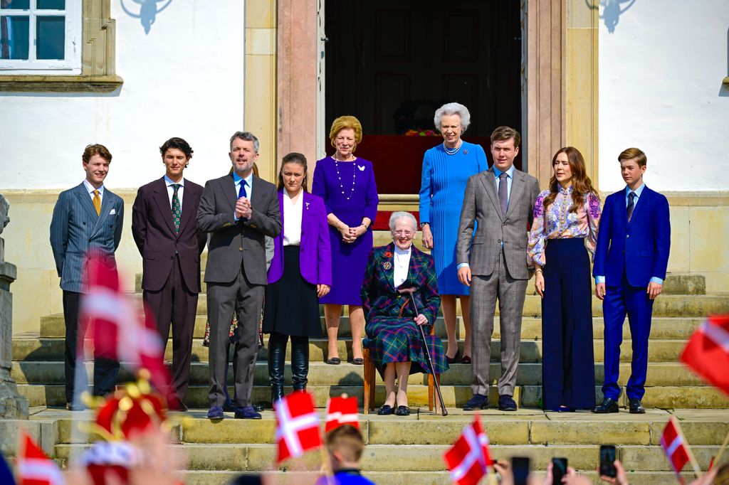 Queen Margrethe surrounded by family on steps of Fredensborg Palace