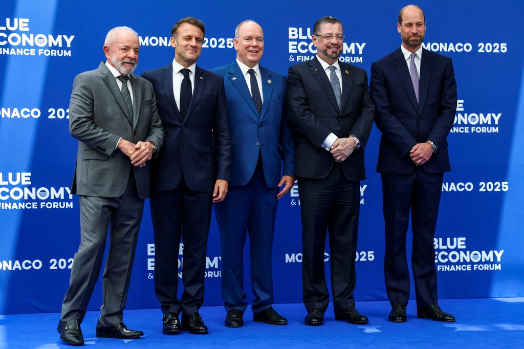 (From L) Brazil's President Luiz Inacio Lula da Silva, France's President Emmanuel Macron, Prince Albert II of Monaco, Costa Rica's President Rodrigo Chaves Robles and Britain's Prince William, Prince of Wales, pose for a group photo during the Blue Economy and Finance Forum (BEFF)