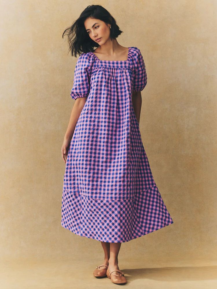 Gingham puff lengan gaun maxi leher persegi