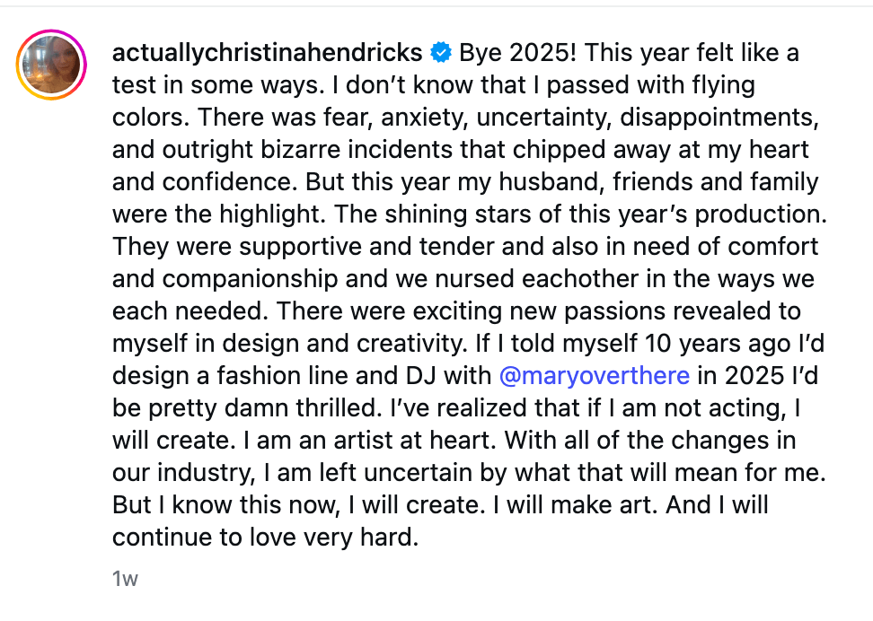 Christina Hendricks message on instagram about 2025