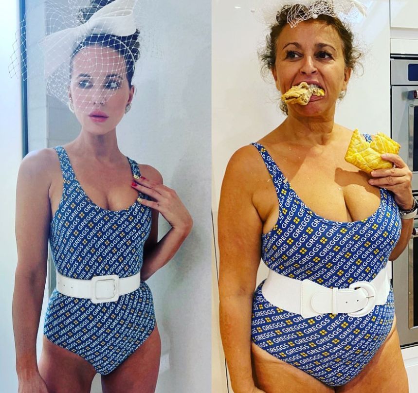 Kate Beckinsale and Nadia Sawalha in Greggs swimsuit