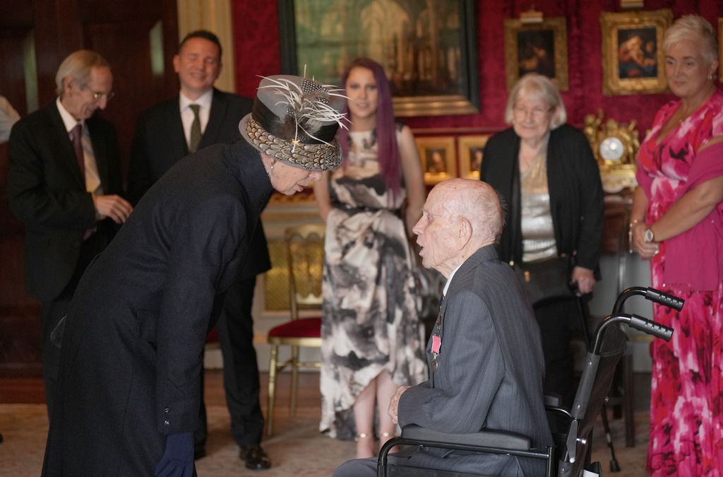 The Princess Royal presenting 106-year-old veteran Norman Irwin with his British Empire Medal (BEM) 