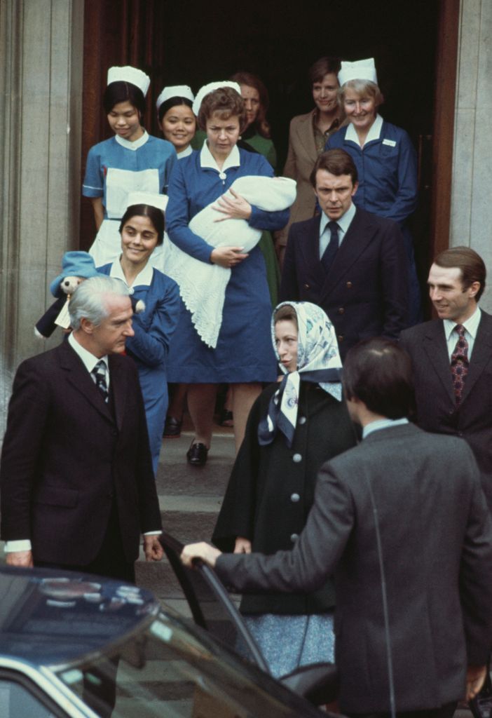 Princess Anne leaving Lindo Wing with baby Peter in 1977