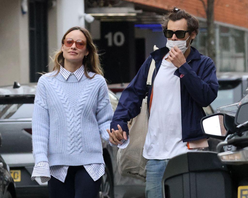 Harry Styles and Olivia Wilde walk hand-in-hand while both wearing sunglasses