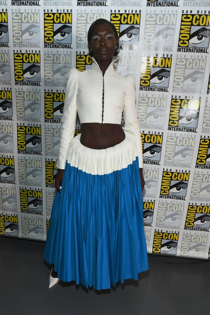 Jodie Turner-Smith participates in the Tron: Ares panel in Hall H at San Diego Comic Con on July 25, 2025 in San Diego, California. 