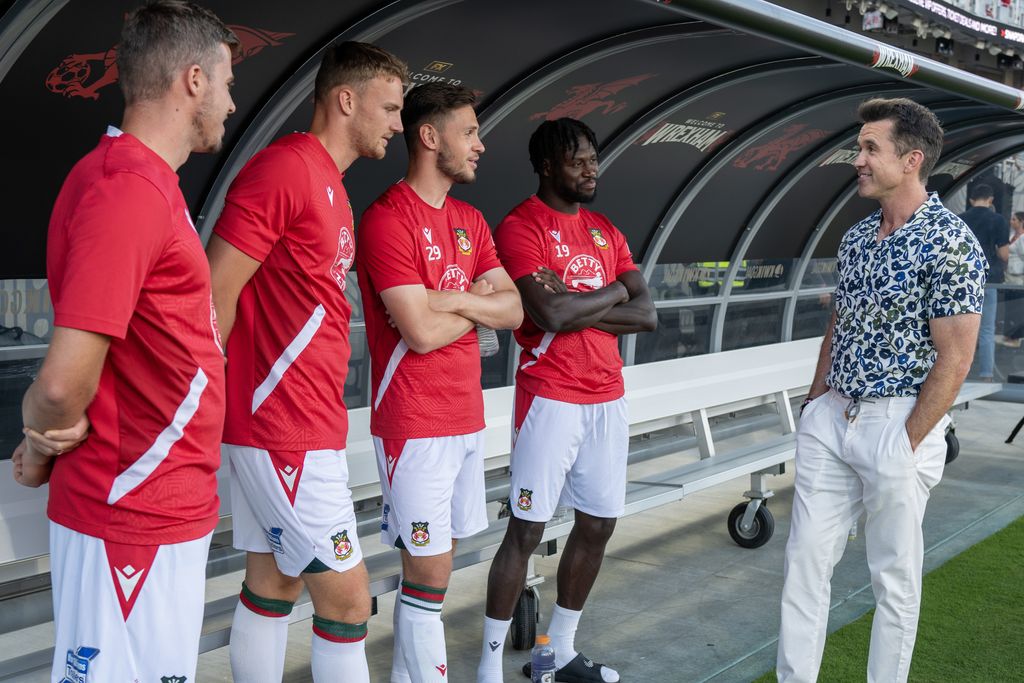 Wrexham co-owner Rob McElhenney meets some of the players prior to the pre-season friendly match between Manchester United and Wrexham at Snapdragon Stadium on July 25, 2023 in San Diego, California
