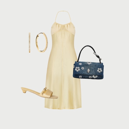 yellow midi dress, diamond hoop earrings, yellow kitten heels, denim daisy clad bag