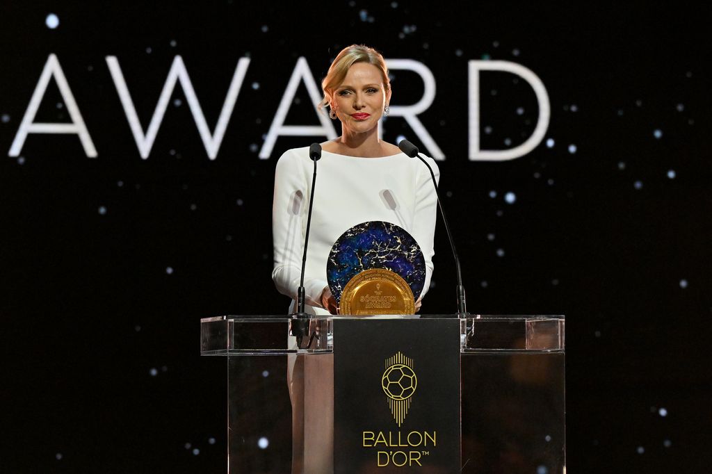 PARIS, FRANCE - SEPTEMBER 22: Princess Charlene of Monaco presents the Socrates Award during the 69th Ballon D'Or Ceremony at Theatre Du Chatelet on September 22, 2025 in Paris, France. (Photo by Kristy Sparow - UEFA/UEFA via Getty Images)