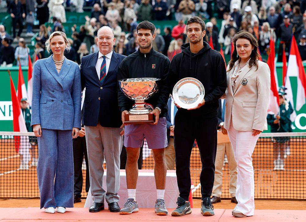 The royal couple posed with winner Carlos Alcaraz, runner-up Lorenzo Musetti and Melanie-Antoinette de Massy