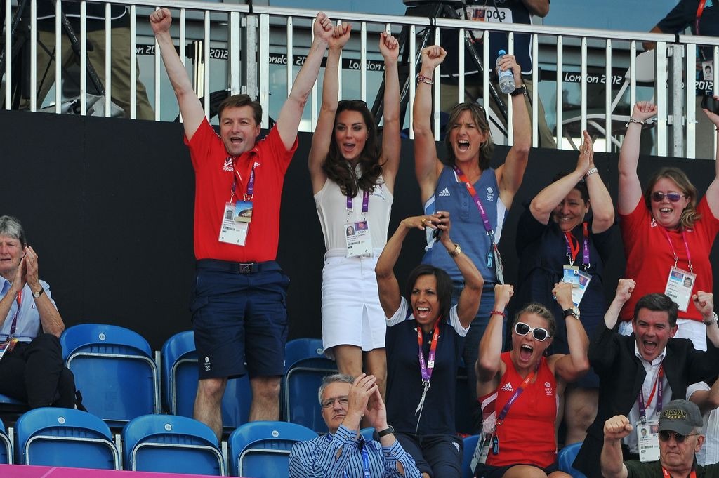 LONDON, ENGLAND - AUGUST 10:  Catherine, Duchess of Cambridge (C) celebrates during the Women's Hockey bronze medal match between New Zealand and Great Britain on Day 14 of the London 2012 Olympic Games at Riverbank Arena Hockey Centre on August 10, 2012 in London, England.  (Photo by Pascal Le Segretain/Getty Images)