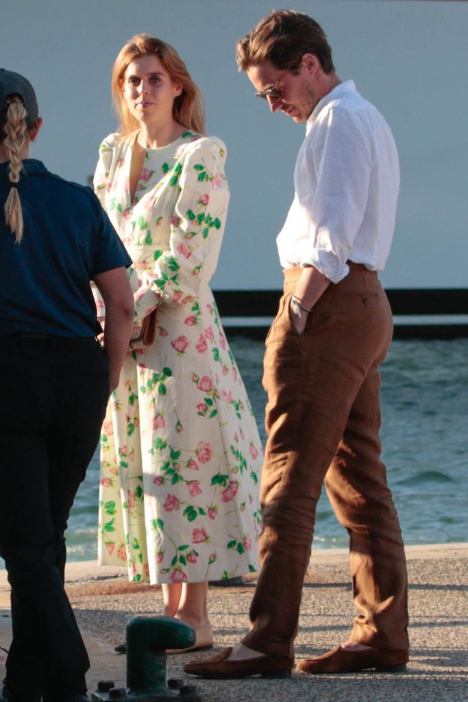 Princess Beatrice in white pink and green floral dress with husband Edoardo Mapelli Mozzi