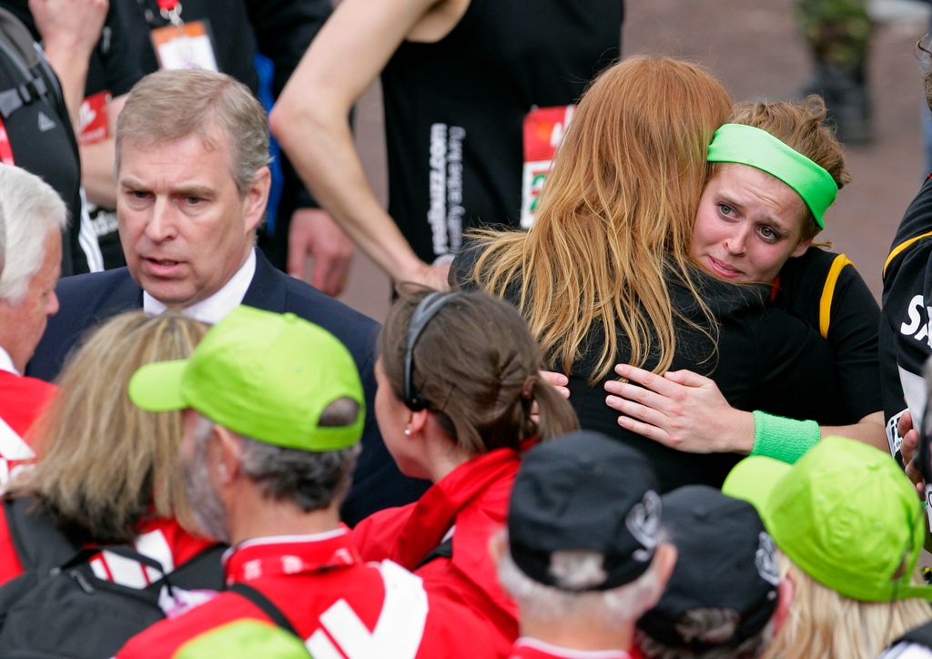Sarah Ferguson hugging Princess Beatrice after running London Marathon