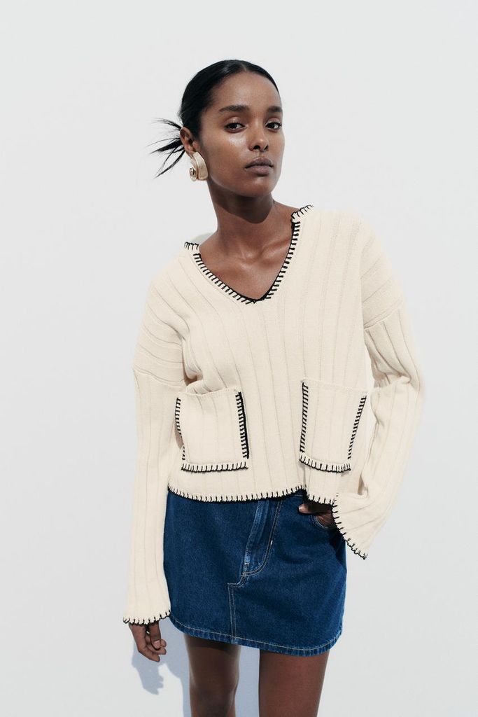 Knit Sweater with Contrast Topstitching